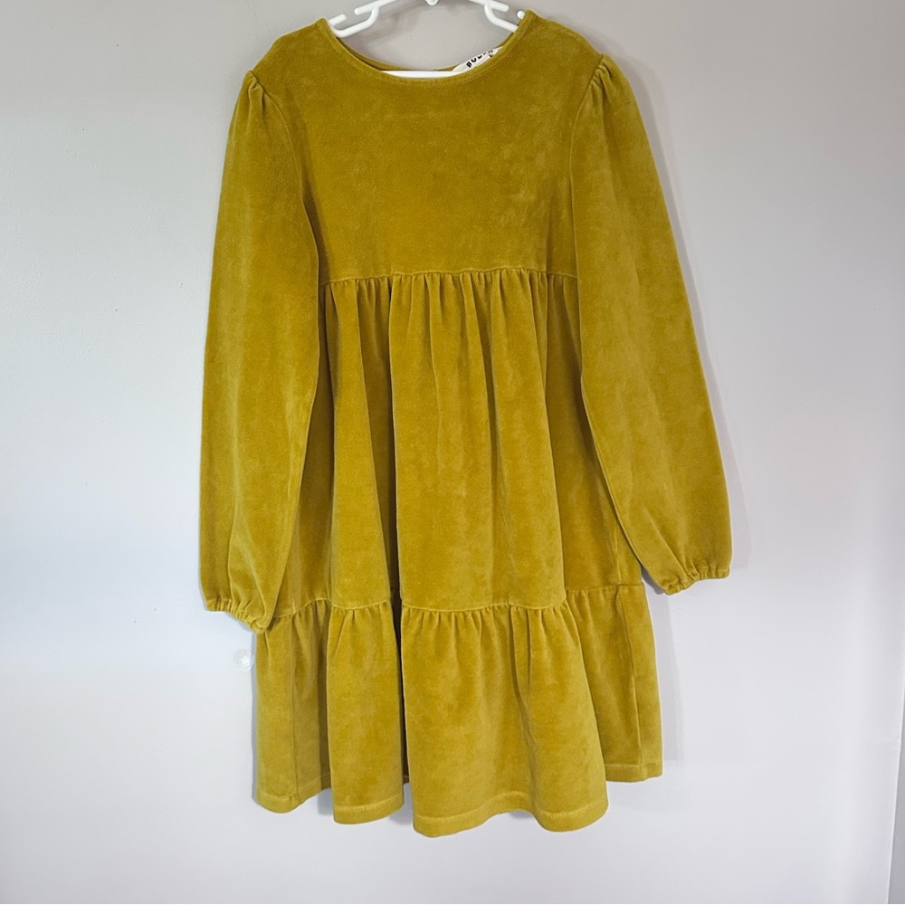Mini Boden Kids' Long Sleeve Tiered Velour Dress mustard
